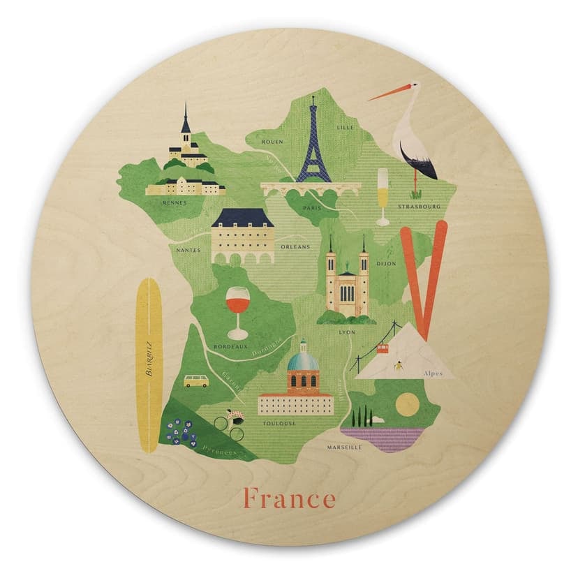 Carta geografica in legno della Francia - Rivers - Rotonda