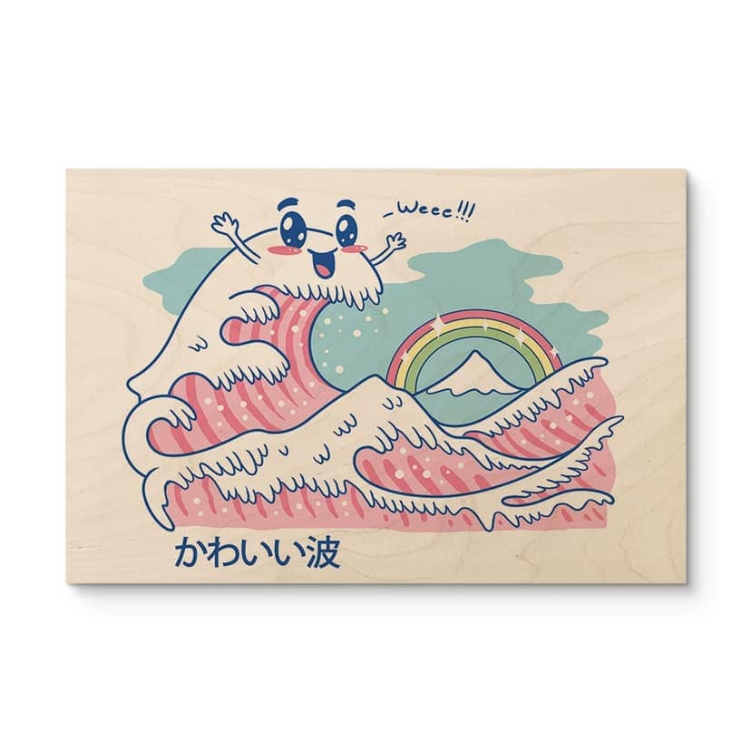 Stampa su legno Onda kawaii con arcobaleno e Monte Fuji