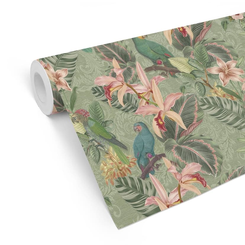 Carta da parati a motivi di giungla con pappagalli verdi - Bloomery Decor