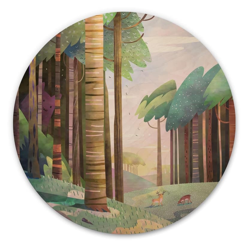 Stampa su legno Bosco soleggiato con cervi - DigitalArtsi - Rotondo