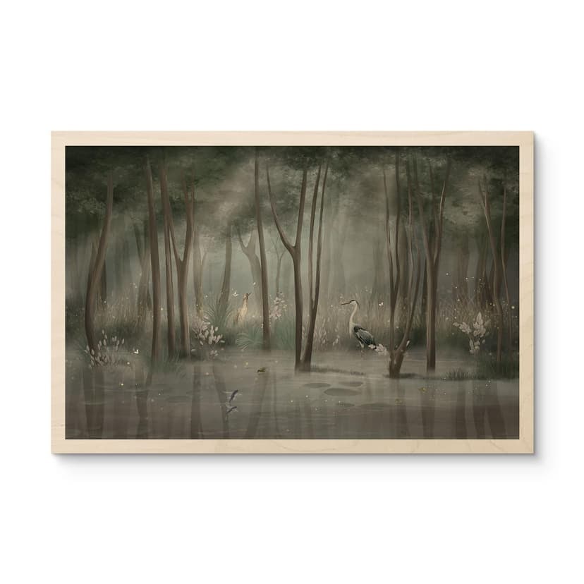 Stampa su legno foresta di nuvole vicino a un lago con airone in verde - Ms Tiff