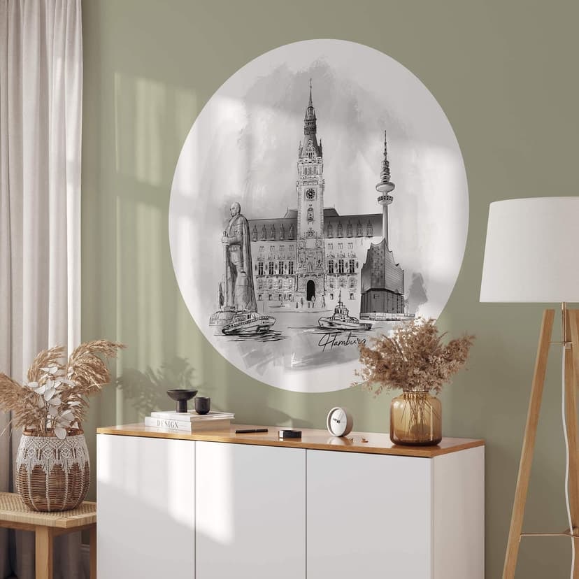 Adesivo murale Amburgo - Bianco e nero - Rotondo - Ama la tua città
