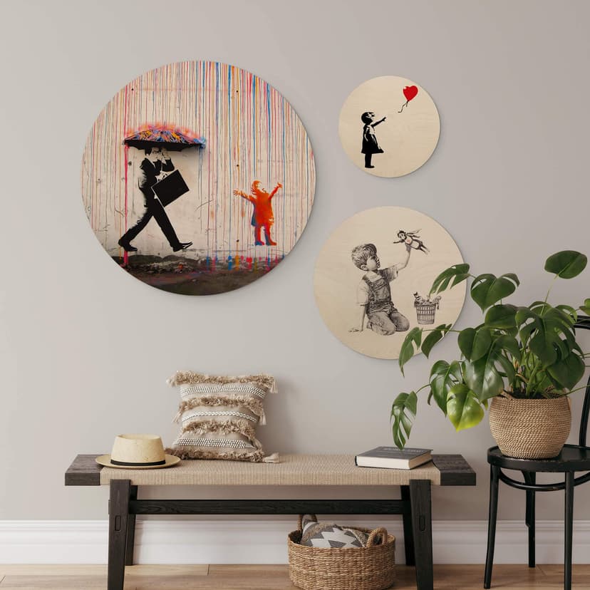 Stampa su legno Banksy - Set street art - Rotondo (3 pezzi)