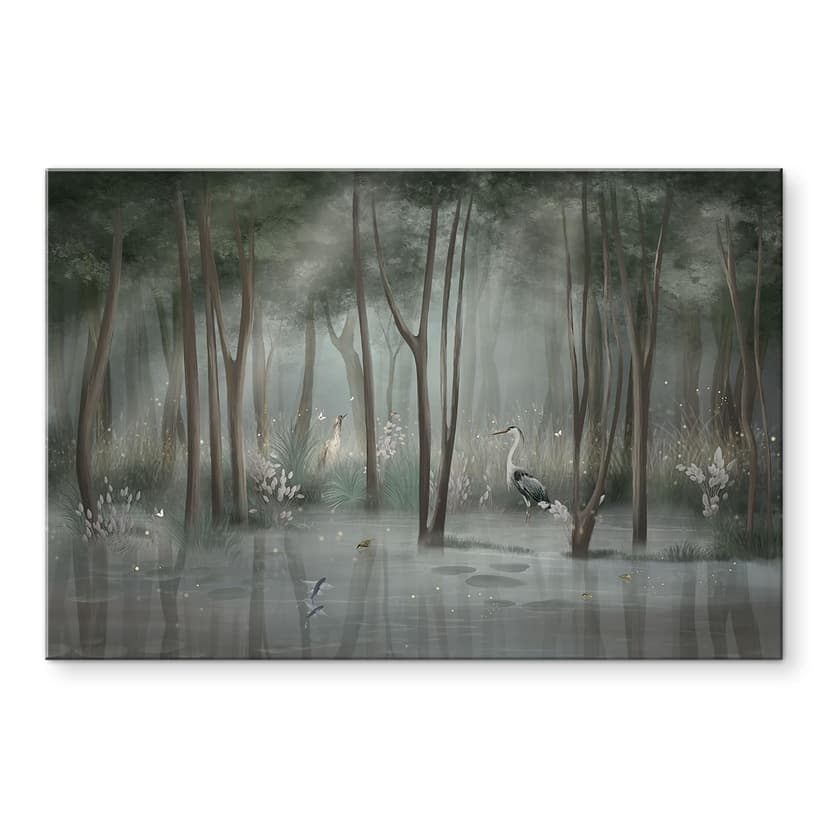 Stampa su vetro Foresta nebbiosa al lago con airone in verde - Ms Tiff