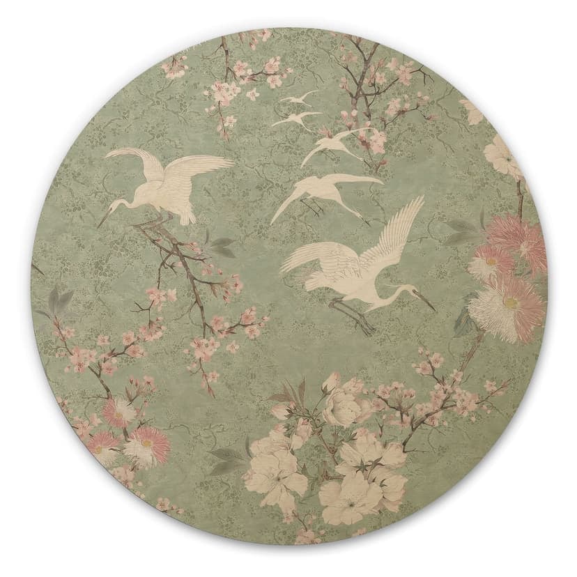 Stampa su legno di gru in fiore di ciliegio verde - Decorazione floreale - Rotonda