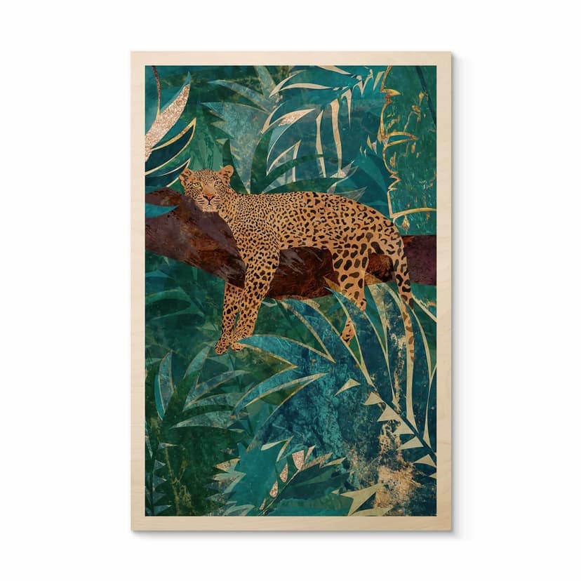 Stampa su legno di un leopardo in una giungla verde smeraldo - Manovski