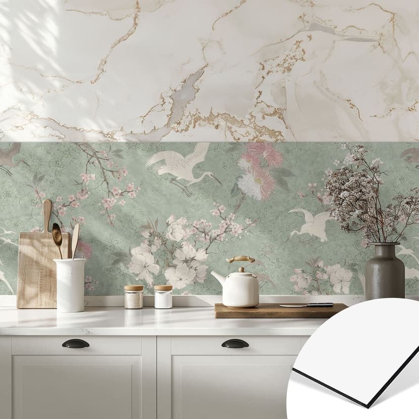 Rivestimento cucina Cranes in verde frenetico di fiori di ciliegio - Bloomery Decor