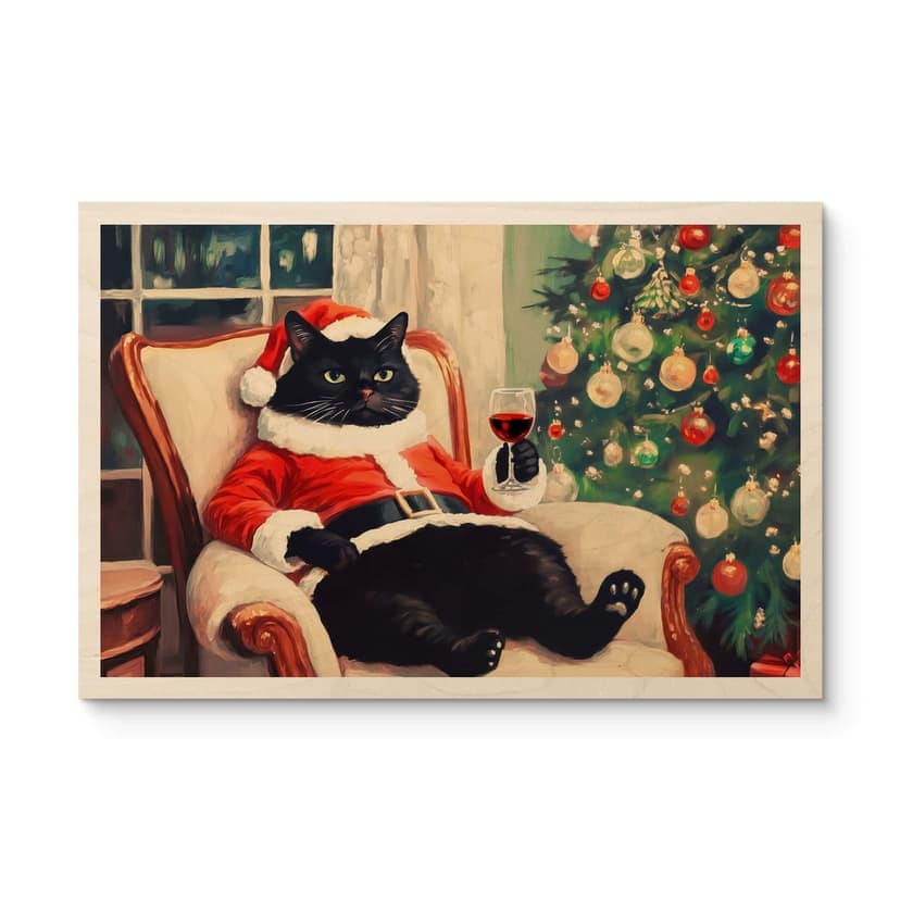 Stampa su legno gatto di Natale con vino - Stampe d'arte Melloi