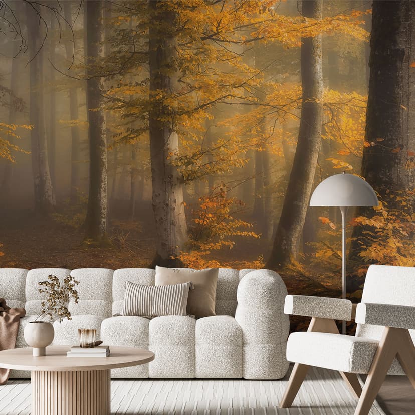 Fotomurale della foresta - Foglie d'oro in una foresta nebbiosa - Maier