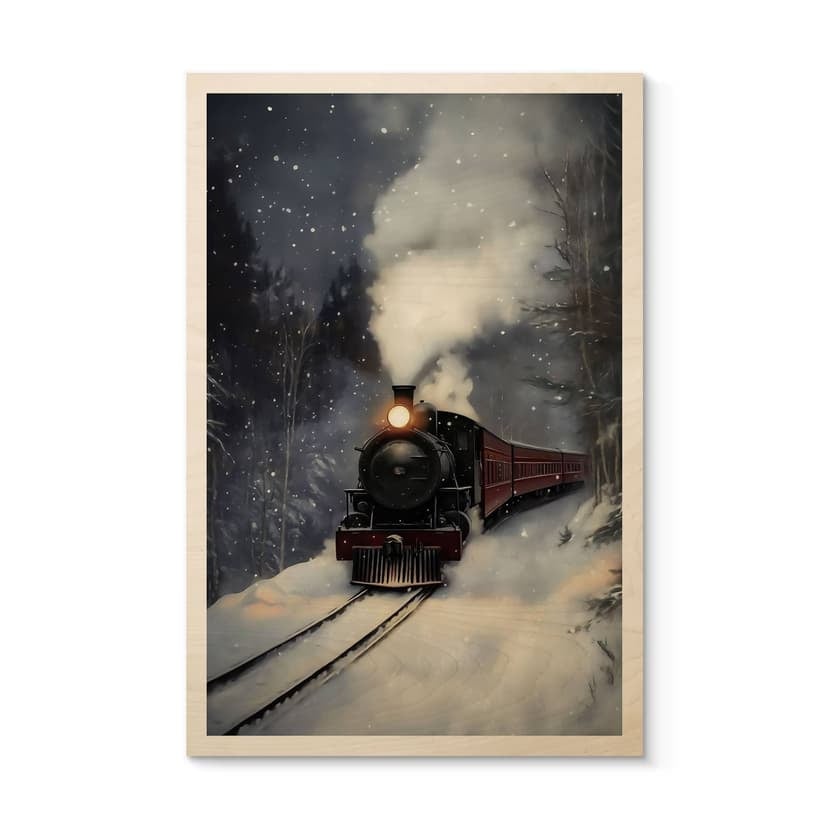 Stampa su legno locomotiva a vapore in una foresta innevata - Melloi Art Prints