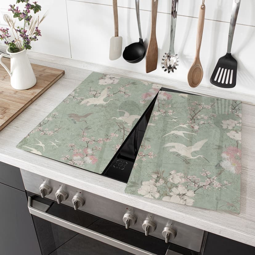 Piastra coprifornello Cranes in cherry blossom frenzy green - Bloomery Decor