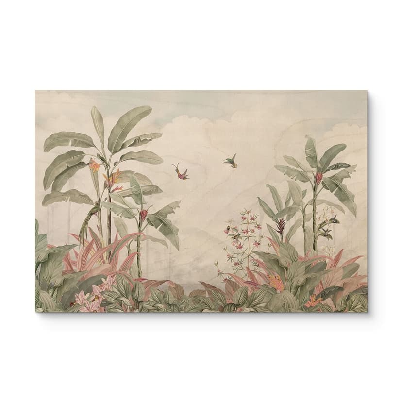 Stampa su legno Idillio tropicale con colibrì blu - Bloomery Decor