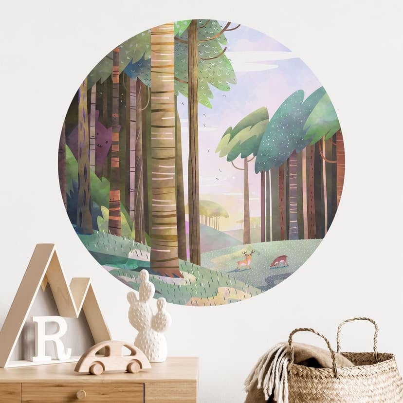 Adesivo murale sulla foresta soleggiata con cervi - DigitalArtsi - Rotondo