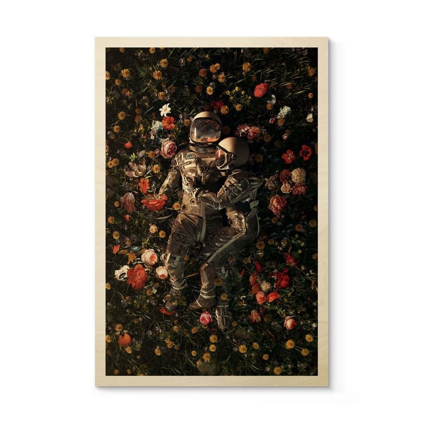 Stampa su legno Astronauti su un prato fiorito - Nicebleed