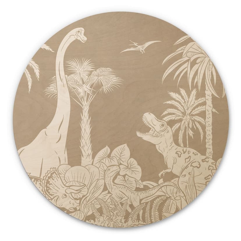 Stampa su legno Dinosauro nella giungla selvaggia - Marrone - Kikki Belle - Rotondo