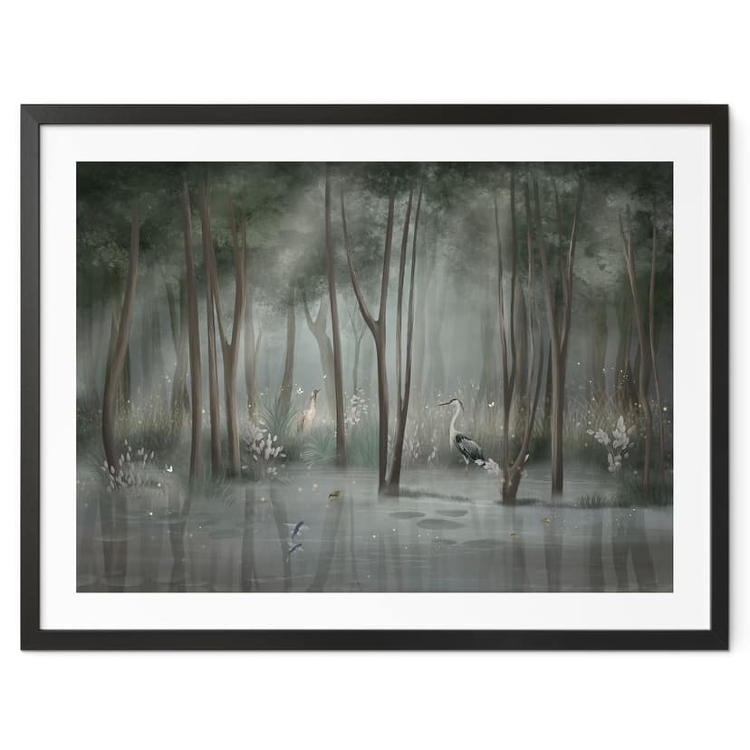 Poster foresta di nuvole al lago con airone in verde - Ms Tiff