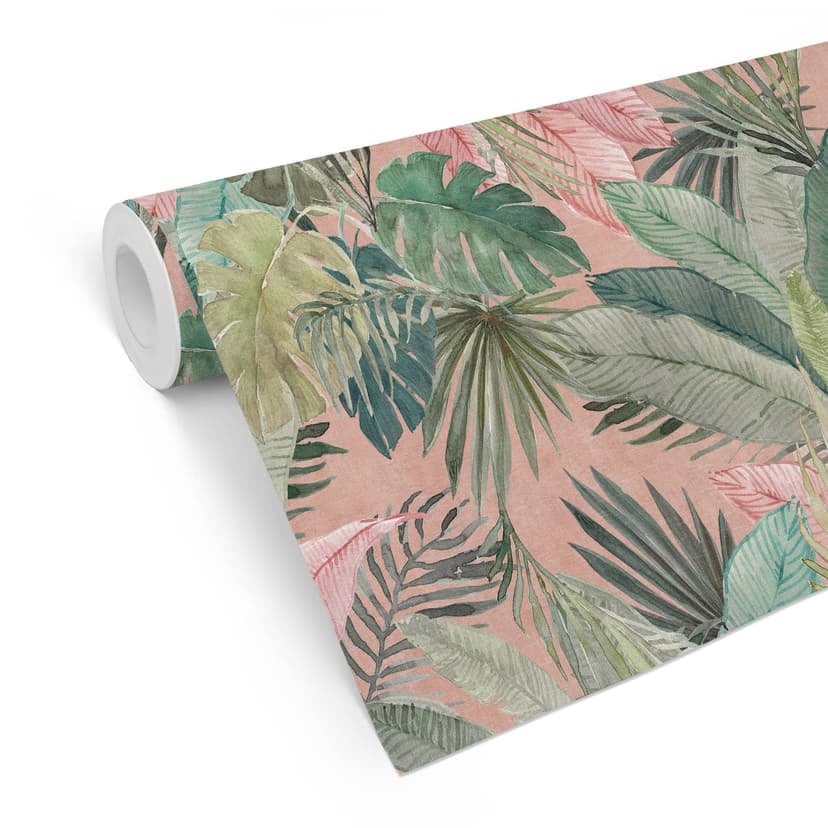 Carta da parati parati a motivi - foglie tropicali nella giungla rosa - Bloomery Decor
