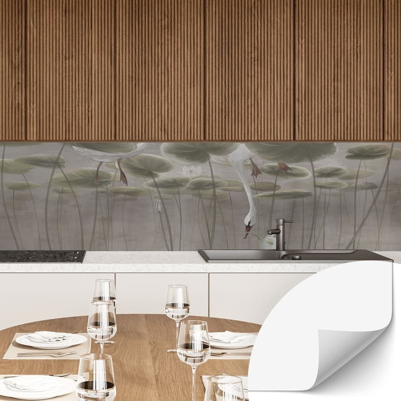 Rivestimento cucina autoadesivo con fiori di loto e cigno in acqua in grigio - Ms Tiff