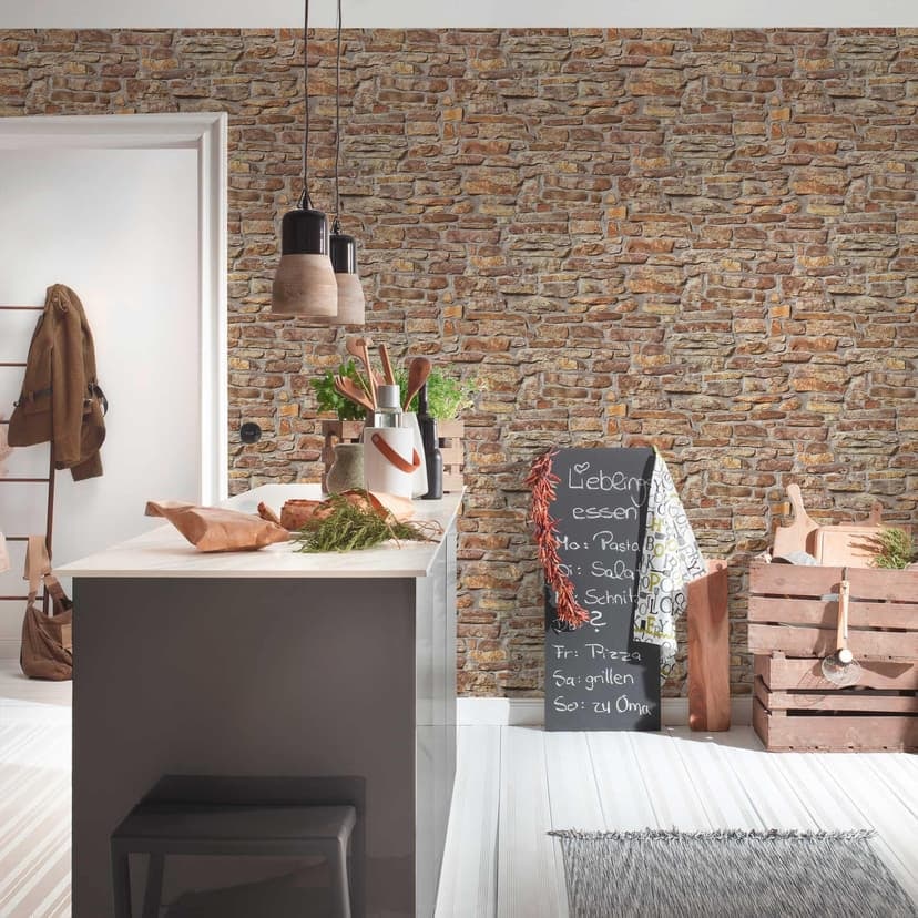 Carta da parati in pietra naturale beige giallo - Carta da parati in tessuto non tessuto muro di pietra marrone - Carta da parati industriale