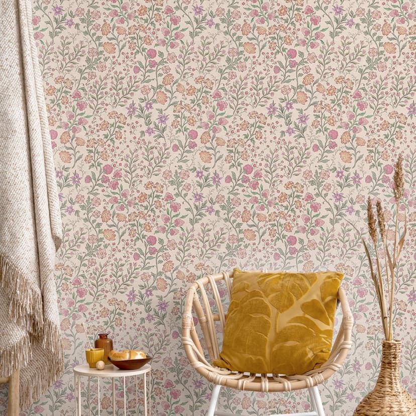 Carta da parati con motivi floreali - fiori di campo vintage - Beige - Bloomery Decor
