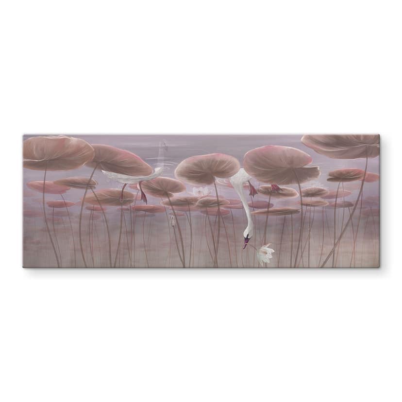 Stampa su vetro Fiori di loto con cigno in acqua in rosa scuro - Ms Tiff - Panorama