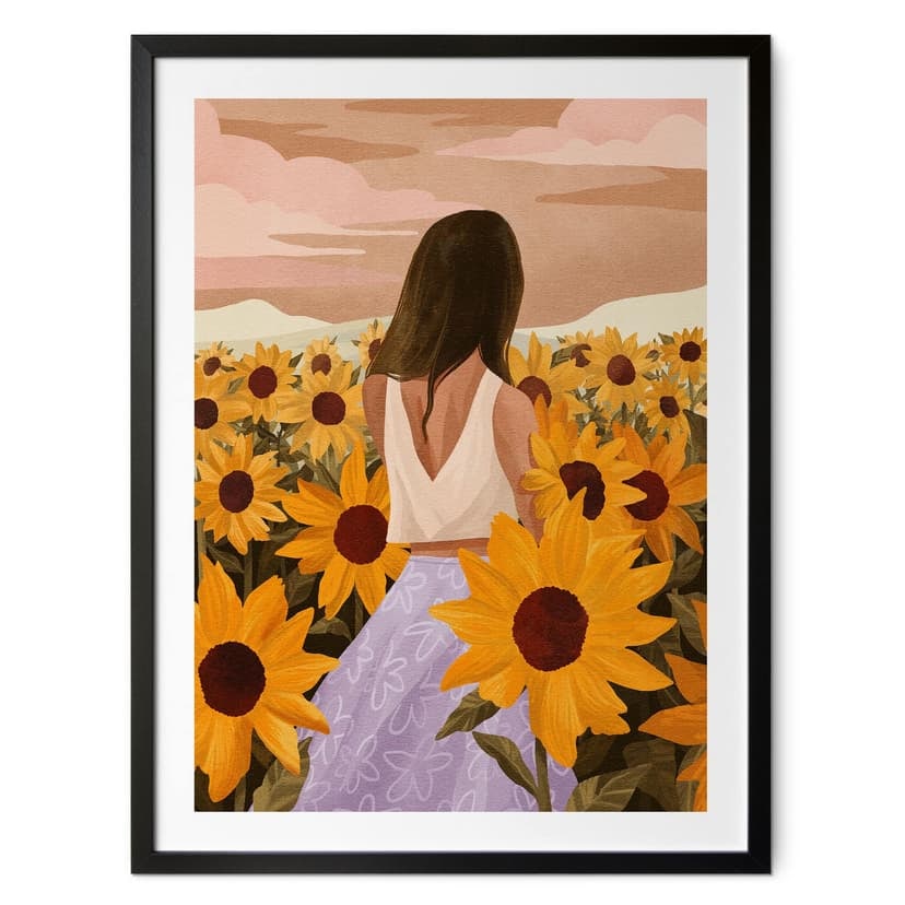 Poster Donna in un campo di girasoli - Goed Blauw