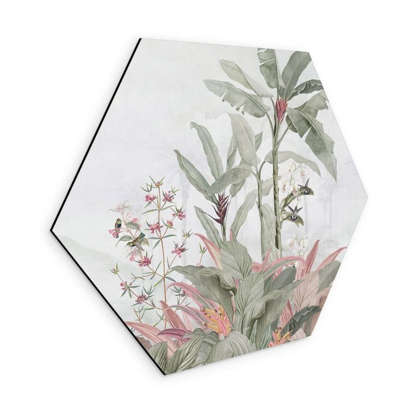 Stampe esagonali per pareti Idillio tropicale con colibrì blu - Bloomery Decor - Alu-Dibond