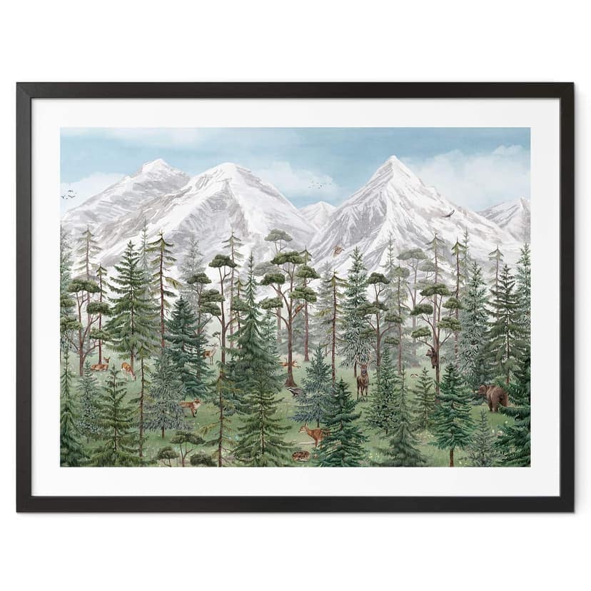 Poster animali della foresta nella verde foresta alpina | motivo natura per la camera dei bambini -