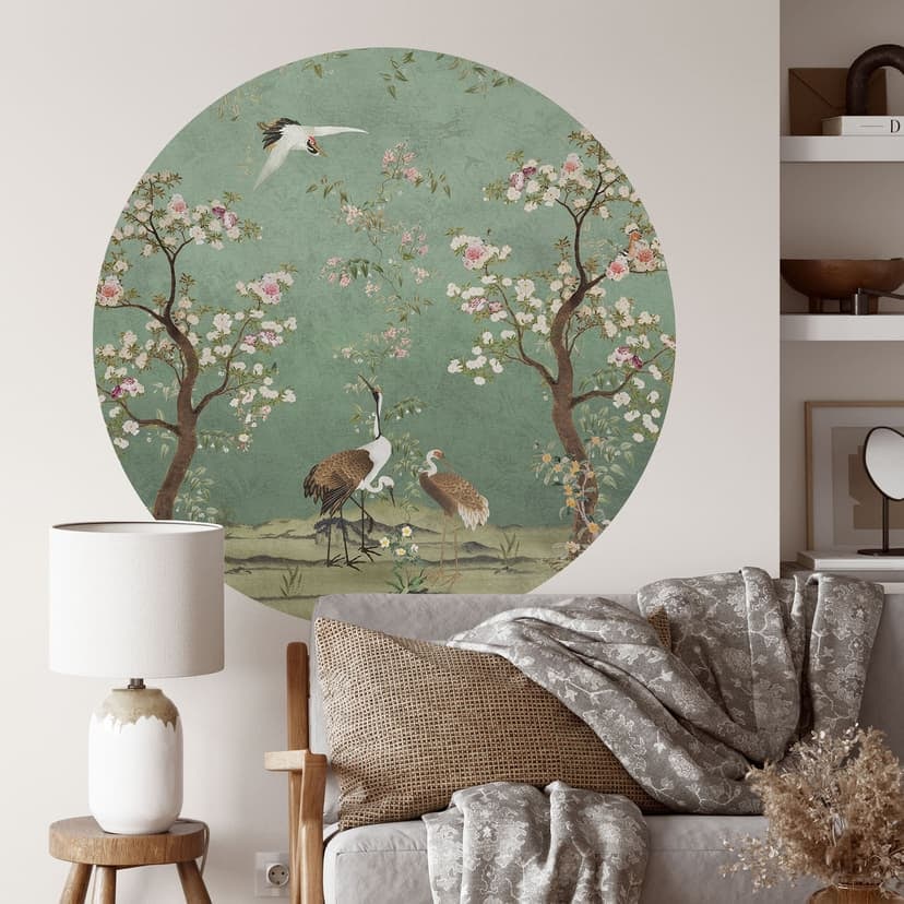 Adesivo murale Gru in un paesaggio floreale - Bloomery Decor - Rotondo