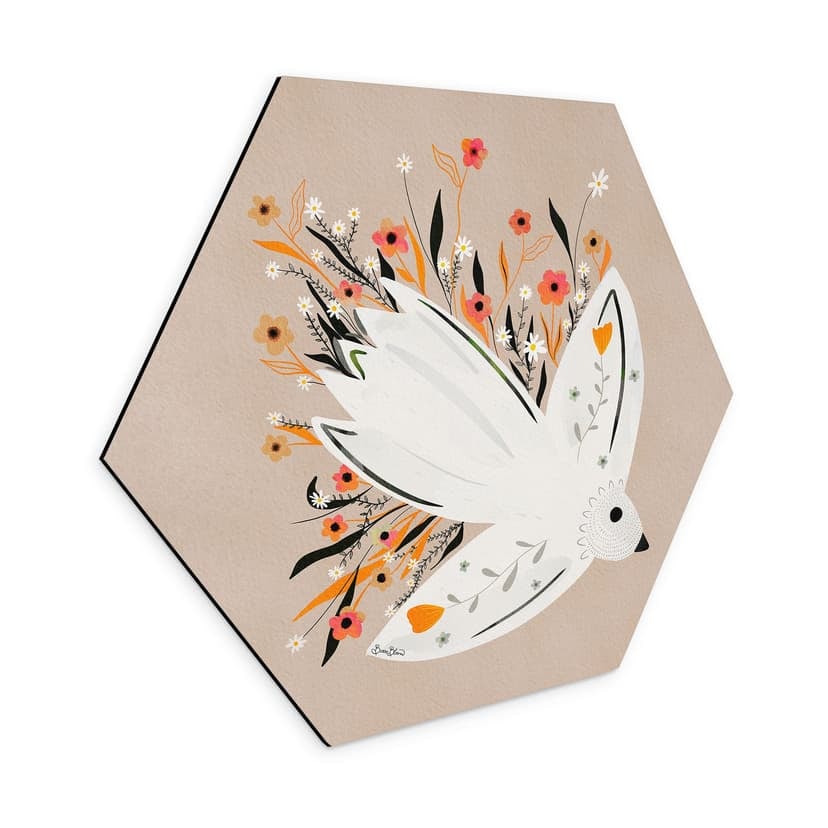 Esagono Alu-Dibond Colomba della pace con piccoli fiori - Bloom