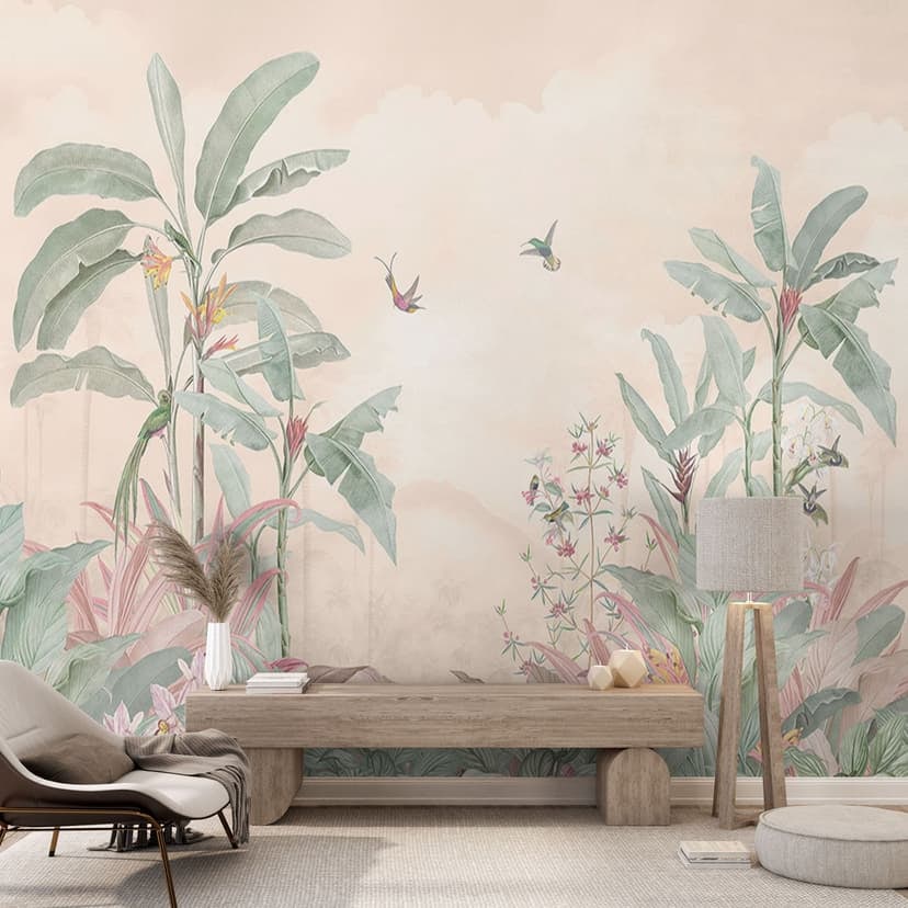 Carta da parati Jungle idillio tropicale con colibrì albicocca - Bloomery Decor