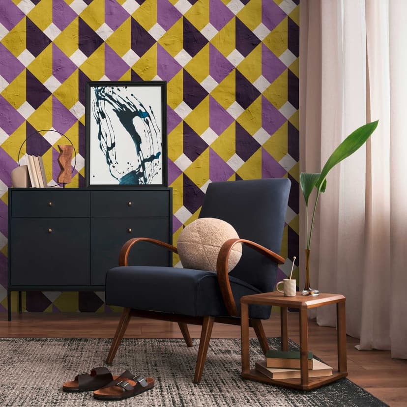 Carta da parati retrò con motivo a rombi - carta da parati in tessuto non tessuto giallo viola - carta da parati per soggiorno vintage