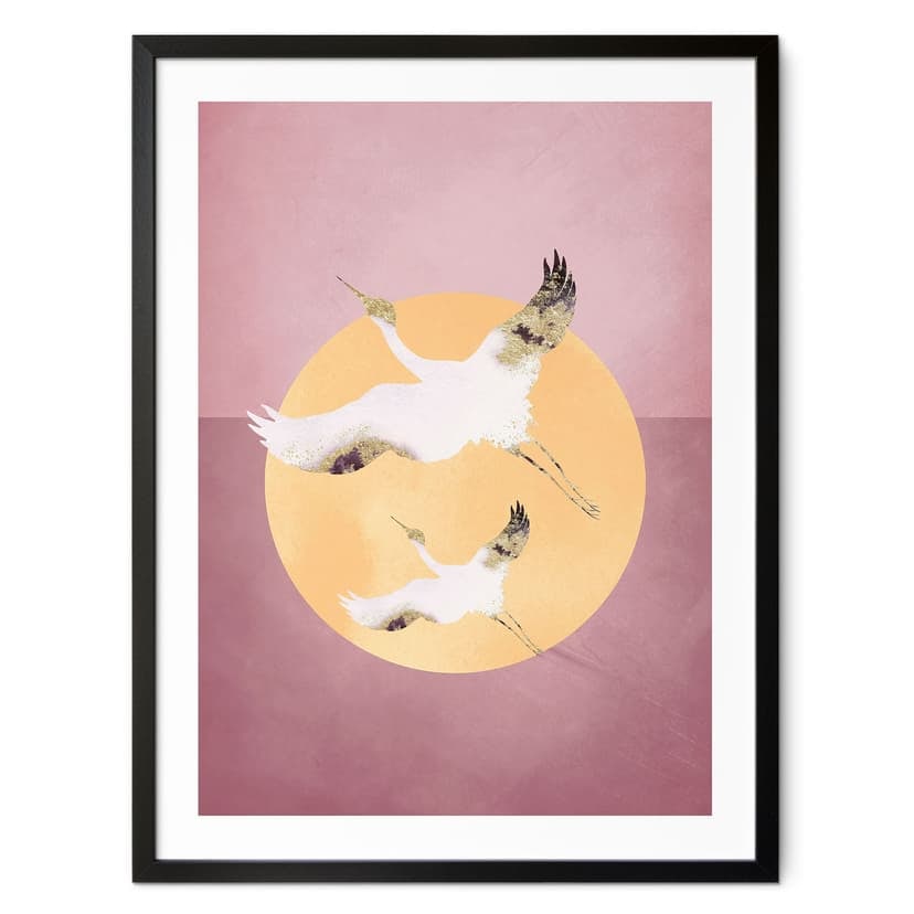 Poster Gru bianche e oro in un cielo rosa - Aureous