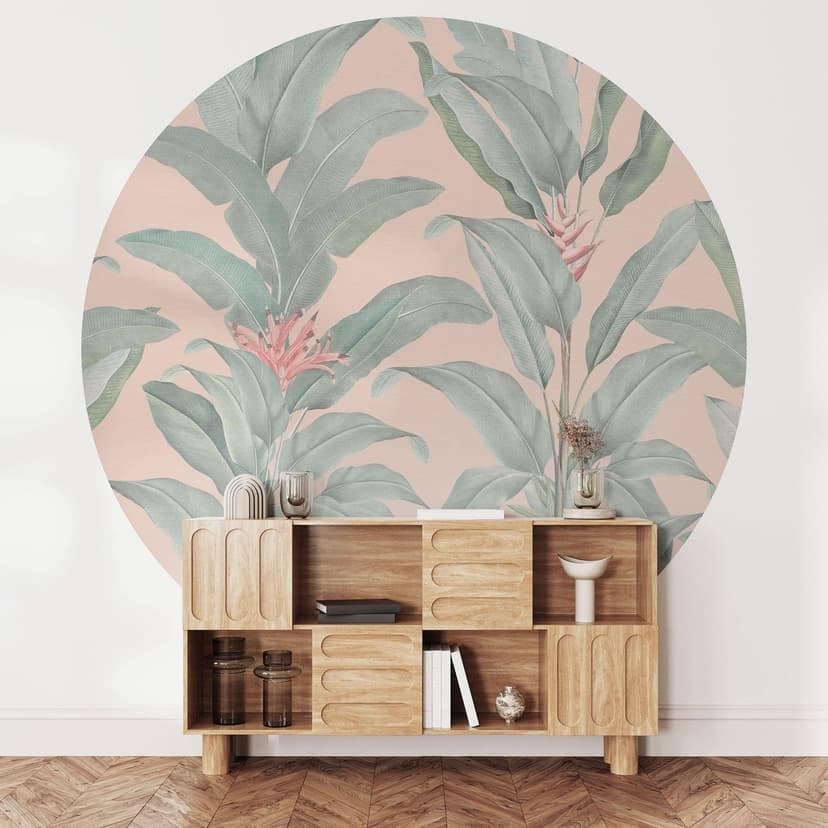 Fotomurale Foglie tropicali rosa - Decorazioni floreali - Rotondo - Autoadesivo/non tessuto