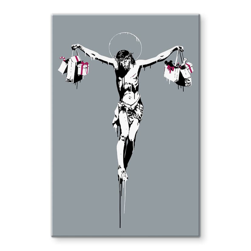 Stampa su vetro Banksy - Gesù Cristo con le borse della spesa