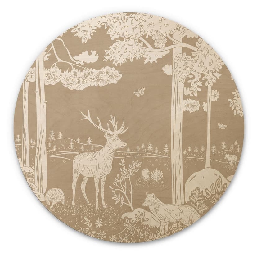 Stampa su legno Bosco d'autunno con cervi e volpi - Marrone - Kikki Belle - Rotondo