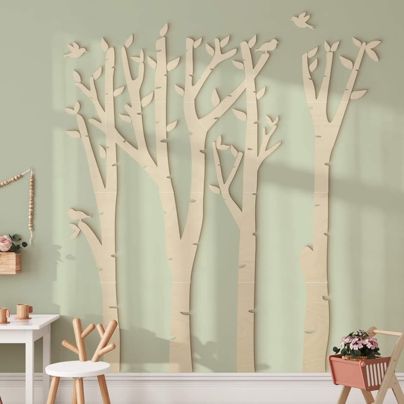 Decoro in legno Betulla - Foresta con uccelli