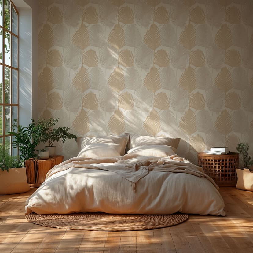 Carta da parati a foglie di palma beige sabbia - motivo a foglie tropicali su carta da parati in tessuto non tessuto