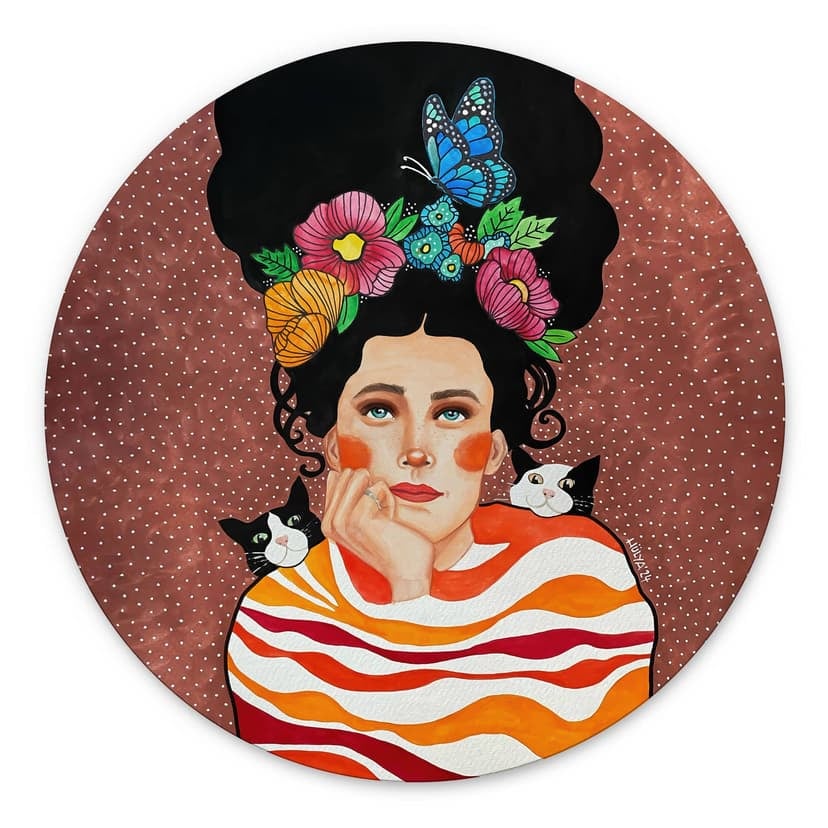 Stampe per pareti Donna con corona di fiori e gatti - Hülya - Alu-Dibond Round