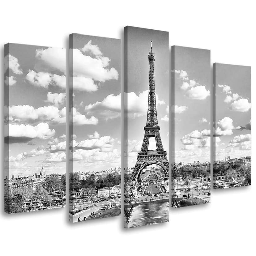 Stampa su tela 5 pezzi Torre Eiffel in bianco e nero