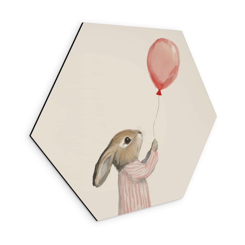 Stampe per pareti esagonali Carino coniglietto con palloncino - Treechild - alluminio dibond