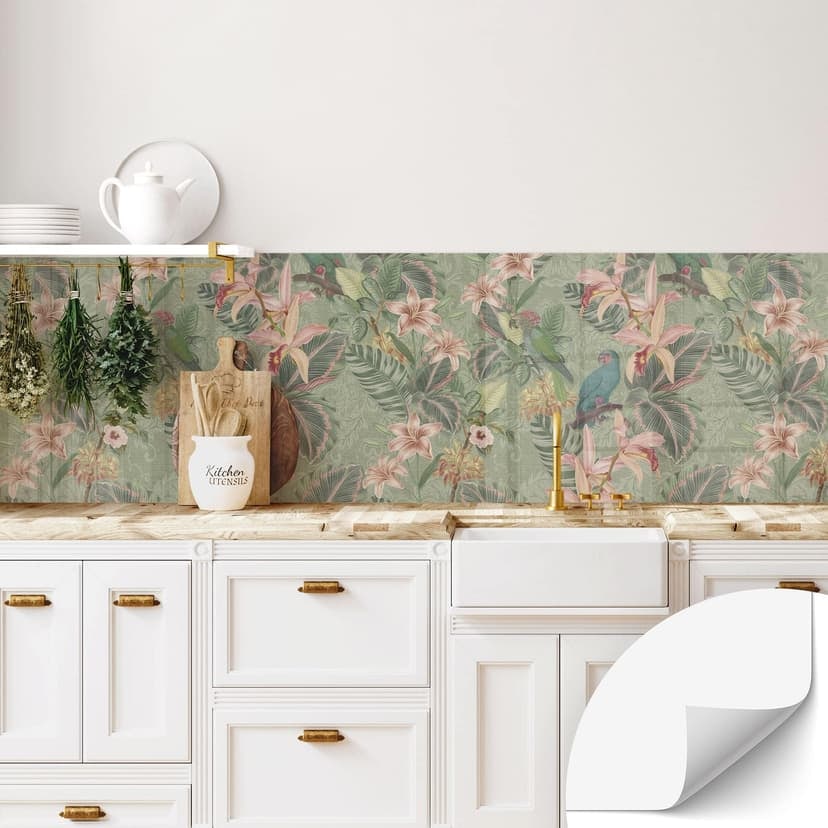 Rivestimento cucina autoadesivo giungla con pappagalli verde - Bloomery Decor