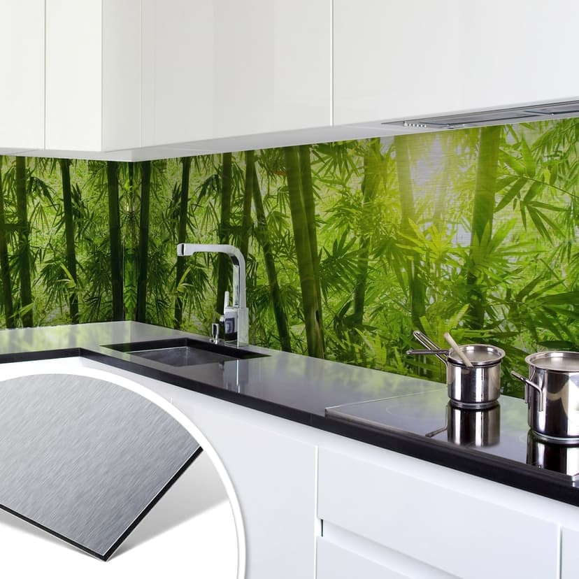 Rivestimento cucina - Alu-Dibond argentato - Sole nella foresta di bambù