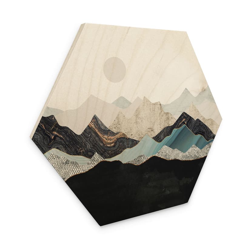 Esagono in legno Tranquillo paesaggio montano al crepuscolo - SpaceFrog Designs
